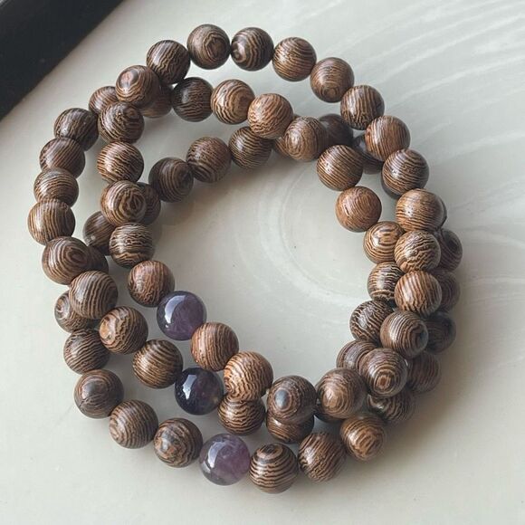 Sandalwood amethyst beaded bracelet ONE NEW stretch reiki meditation yoga - Picture 6 of 11